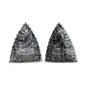 Silver Tone Metal Decorated Christmas Tree Shaped Plate 9" x 6.5" Holiday